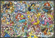 an image of many different cartoon characters in the same color and size, including princesses