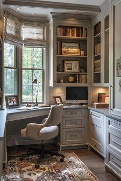 a home office with built in bookshelves, desk and chair next to a window