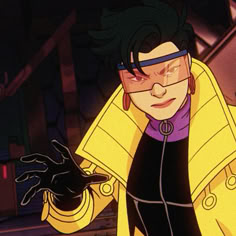 the animated character is wearing a yellow jacket and black gloves, with his hands out in front of him