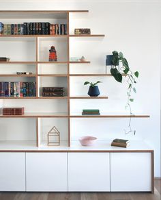 a bookshelf filled with lots of books next to a vase and potted plant