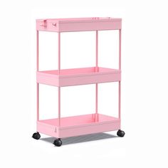 a pink cart with three shelves on wheels