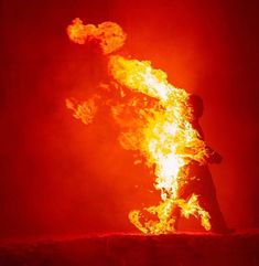 a person standing in front of a fire with flames coming out of their back legs