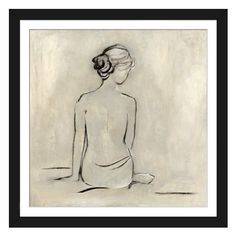 a drawing of a woman sitting in front of a white wall with a brown frame