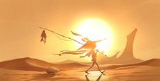 a person walking across a desert with the sun setting in the background and two birds flying over them