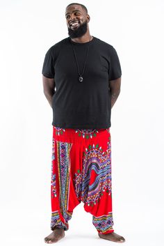 Plus Size Dashiki Prints Drop Crotch Men's Harem Pants in Red