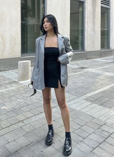 Dinner Outfits Women Classy, Old Money Loafers Outfit, Going To A Graduation Outfit, Casual Graduation Party Outfit, Chunky Loafers With Dress, Black Dress With Loafers, Black Dress And Blazer Outfit, Loafers Dress Outfit, Loafers And Dress Outfit