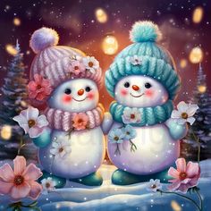 two snowmen standing next to each other in the snow with flowers on their heads