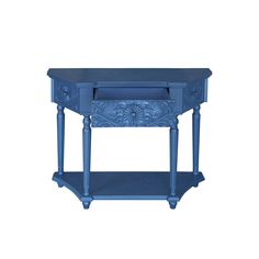 a blue table with an ornate design on the top and bottom shelf, against a white background