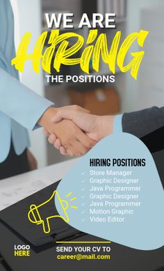 we are hiring the positions flyer with two hands shaking each other's hand over a desk