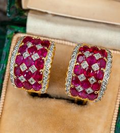 Ruby Gold Earrings, Ruby Earrings Gold, Diamond Emerald Earrings, Ruby Diamond Earrings, Ruby And Diamond Earrings, Ear Cuff Jewelry, Ear Pieces, Diamond Tops, Gold Rings Fashion