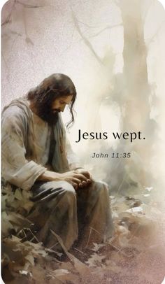 jesus weltt sitting in the grass with his hands clasped to his knees and looking down