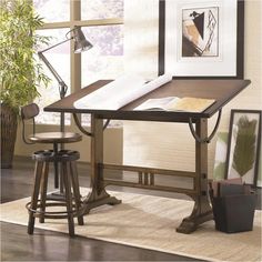 a desk with two stools in front of it and an open book on top