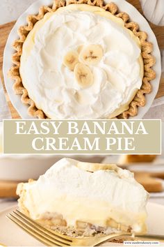 an easy banana cream pie on a white plate