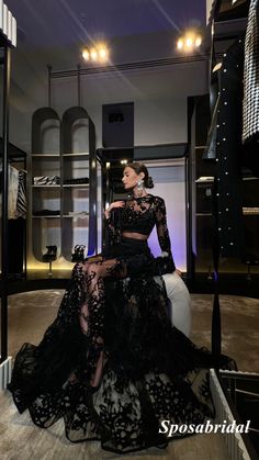 Elegant Black Lace Two Pieces Long Sleeves A-Line Long Prom Dresses, PD3796 Description: 1. Material: Tulle, lace2. Color: custom colors are welcome, please Contact us and tell us style number, we will send you color charts to choose.3. Size: standard size or custom size, if you need custom service, we need following measurements, please leave information in the note of shopping cart. * are necessary.*bust _______ cm/inch*waist _______cm/inch*hips _______cm/inchshoulder to shoulder _______cm/inc Black Lace Evening Dress Long Sleeve, Black Formal Dress Lace, Boudiour Poses, Dark Wedding, Long Prom Dresses, Black Wedding Dresses, Gala Dresses, Glam Dresses, Black Wedding