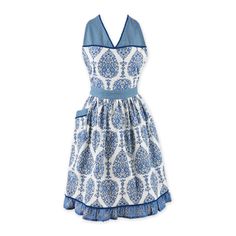 a dress with blue and white patterns on it