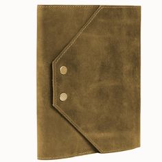 a brown leather folder with two buttons on the front and one button in the back