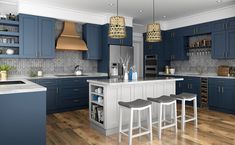 a large kitchen with blue cabinets and white counter tops is pictured in this artist's rendering