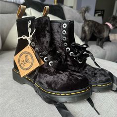 Brand New !! Step Into Luxury With The Women's 1460 Crushed Velvet Lace Up Boots From Dr. Martens. These Boots Not Only Elevate Your Style With Their Lush Crushed Velvet Finish But Also Bring An Edgy Vibe With The Iconic Lace-Up Front Closure, Making Them A Fashion-Forward Statement For Any Occasion. 100% Vegan Crushed Velvet Upper Quad Max Sole Contrast Yellow Stitching Lace-Up Front Pull-Tab Heel Wider And More Rounded Toe Shape New Step, Womens Combat Boots, Dr Martens Black, Combat Boot, Velvet Lace, Dr Martens Shoes, Martens Shoes, Shoes Brand, Moto Boots