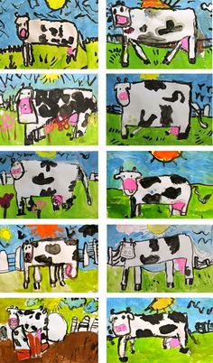 four different pictures of cows in a field