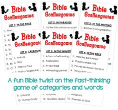 four different bible game cards with the words,'fun bible trivia on the fast - thinking game of catgories and words