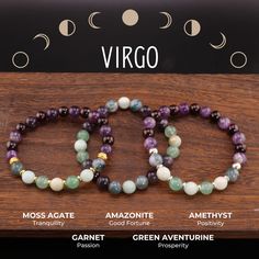 This hand crafted bracelet comes in a variety of three styles. Gold, Silver, and Metal Free. Though the Virgo sign has many crystals associated with it, the stones featured on this bracelet are as follows Garnet Amethyst Moss Agate Amazonite Green Aventurine ~With every stone comes it's own perfect imperfection. The pictures you see may not reflect exactly the product you receive~ Virgo Bracelet, Moss Agate Bracelet, Perfect Imperfection, Astrology Virgo, Virgo Sign, Zodiac Bracelet, Stone Feature, Handcrafted Bracelets, Virgo Zodiac