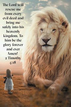 a girl standing next to a lion with a bible verse written on the front and back