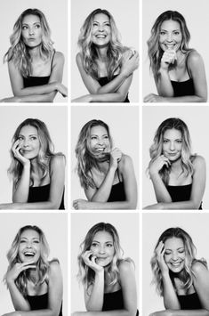 black and white portraits of women with different expressions on their faces, posing for the camera