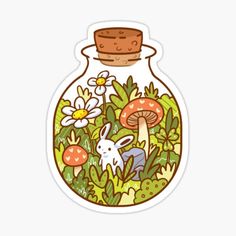 a sticker with an image of a bottle filled with mushrooms, flowers and bugs