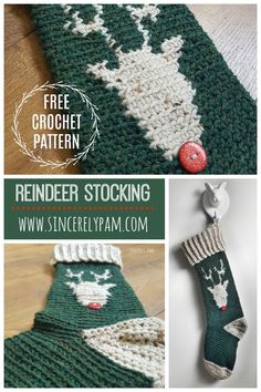 a green and white christmas stocking with reindeers on it, next to an image of