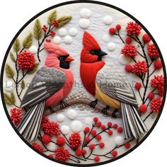 two birds sitting on top of a white plate with red berries and leaves around it