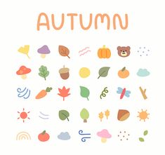 the words autumn written in different languages and icons on a white background with leaves, acorns, mushrooms, sun, clouds, trees