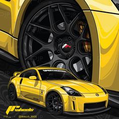 a yellow sports car parked in front of a black and white background with the word gtr on it