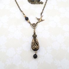 Victorian Bird Necklace with Black Acrylic Beads and Vintage Gold Pearls on Brass, Cottagegoth Handmade Jewelry, Gift For Mom, Grandmacore Victorian Black Jewelry Gift, Handmade Black Victorian Jewelry, Victorian Onyx Jewelry For Gift, Black Victorian Dangle Jewelry, Handmade Black Victorian Necklace, Victorian Style Earrings, Victorian Style Jewelry, Brass Bird, Bird Necklace