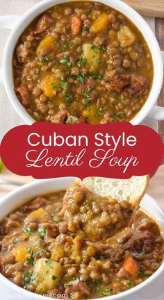 two bowls of soup with bread on top and the words cuban style lentil soup above it