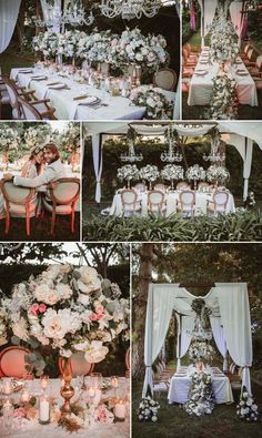 a collage of photos showing different tables and chairs with flowers, candles and chandeliers