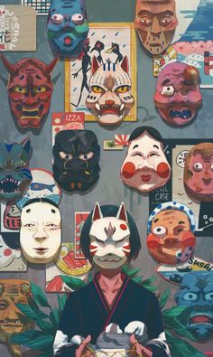 an image of some masks hanging on the wall