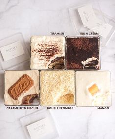 four different types of desserts are shown on the counter top, with labels describing them