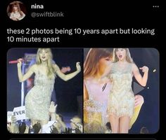 two photos of taylor swift and taylor swift performing on stage with microphones in their hands