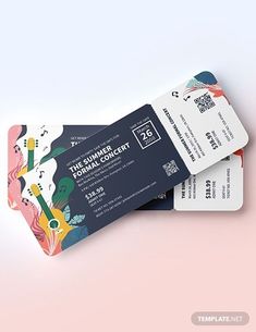 two tickets sitting next to each other on top of a pink surface with white and blue designs