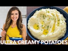 a woman holding a bowl of mashed potatoes next to a plate of mashed potatoes