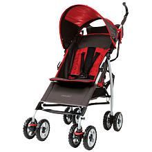 the stroller is red and black with wheels