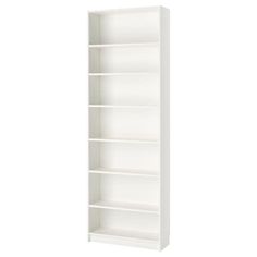 a white bookcase with three shelves on each side