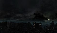 a city at night with the moon in the sky and dark clouds above it, all lit up