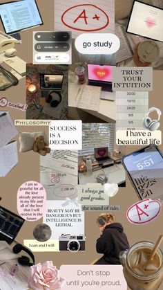 a collage of images with words and pictures on them, including an image of a laptop