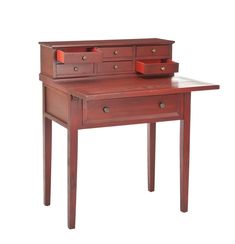 a wooden desk with two drawers on one side and an open drawer on the other