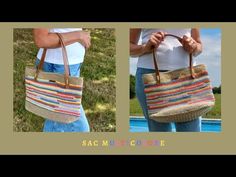 two pictures of the same handbag with different colors and designs on each side, one is