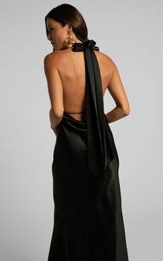 Aiyana Midi Dress - Halter Neck Satin Dress in Black | Showpo USA Sleek Halter Neck Dress With Tie Back, Sleek Halter Neck Midi Dress For Formal Occasions, Sleek Halter Neck Midi Dress For Formal Events, Sleek Backless Halter Dress For Formal Events, Sleek Backless Halter Dress For Formal Occasions, Sleek Tie-back Maxi Dress For Party, Black Tie Back Evening Dress For Gala, Sleek Tie Back Dress For Date Night, Sleek Tie-back Dress For Date Night