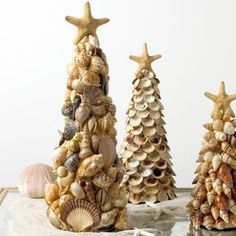 three small trees made out of shells and seashells are featured in this post