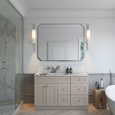 a bathroom with a bathtub, sink and large mirror above the tub is surrounded by wood flooring