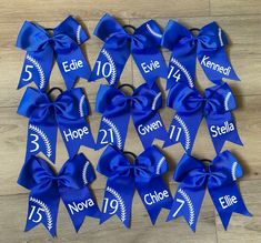 Calling All Softball moms and coaches. These 8"  personalized softball bows are the perfect team accessory!  Always open to other customizations, send me a message!  This listing is for ONE bow so please select the correct quantity for large parties. also in the notes leave  1- name 2- # if you need a custom amount not listed please just send me a message :) Softball Team Christmas Gifts, Softball Hair Bows, Soccer Bow, Softball Cheer, Softball Hair, Royal Blue Hair, Softball Bow, Blue Hair Bow, Softball Bows